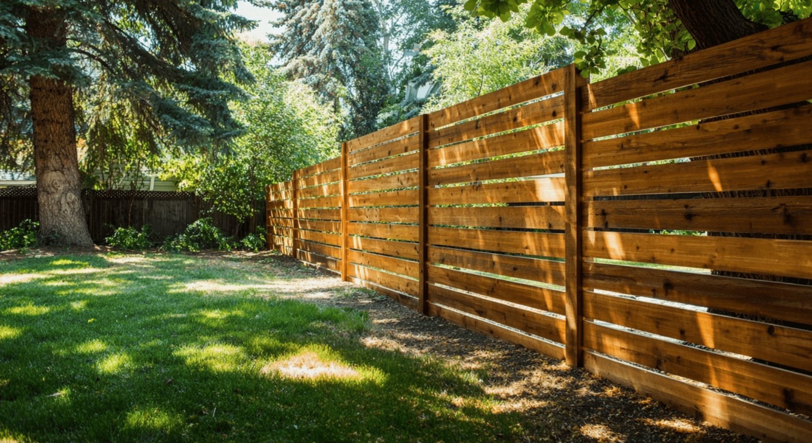 A well-built horizontal wood fence in a sunny backyard — the result good fence repair and maintenance aims for